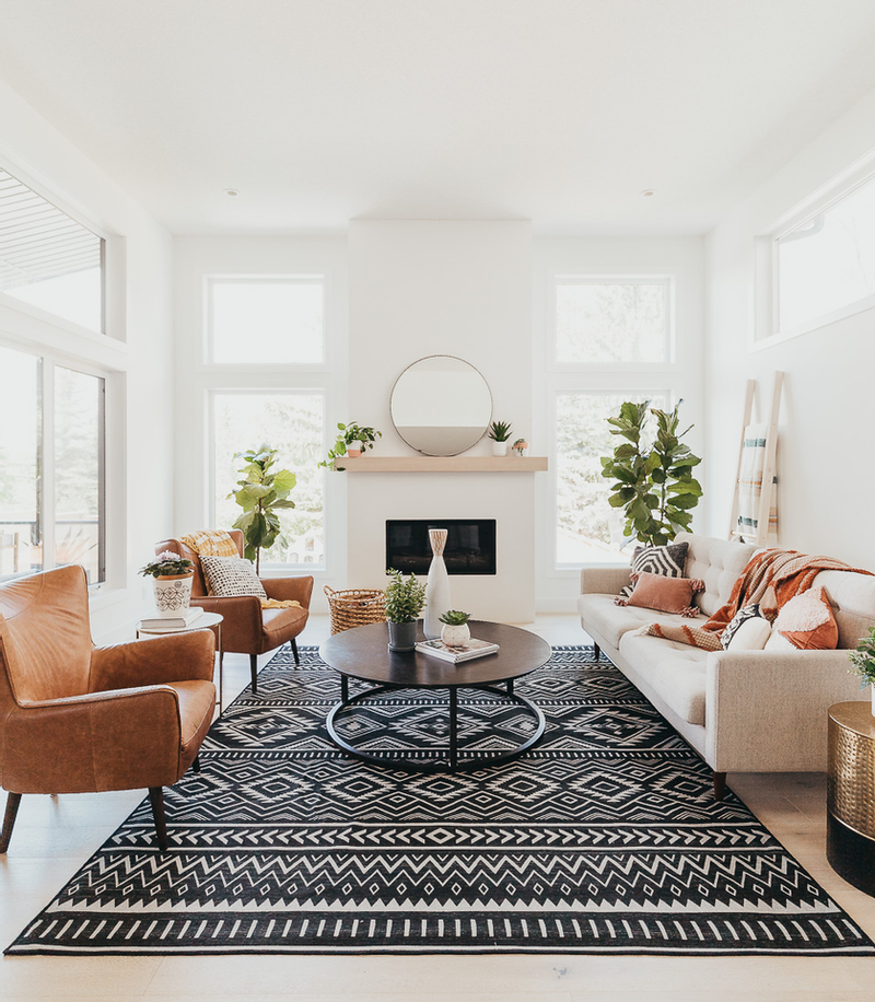 سجادة بالأبيض والأسود لديكورات غرفة معيشة ريفية ومودرن
