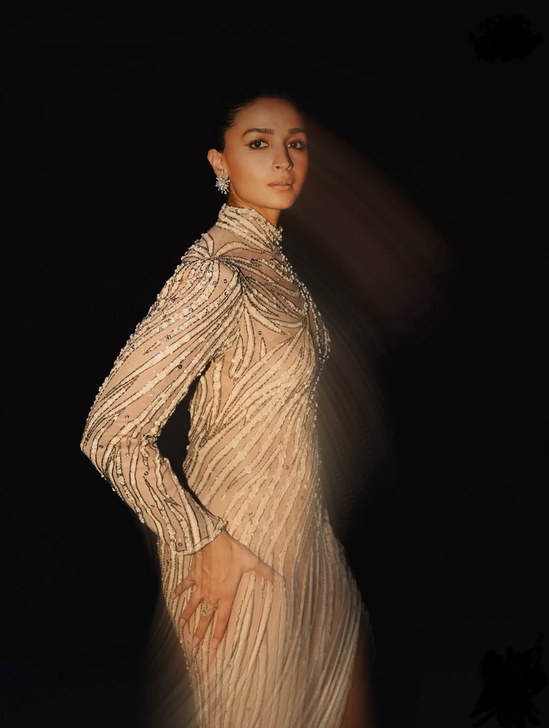 تميّز التصميم بتفاصيله الغنية بالتطريزات المتعرجة الجذابة