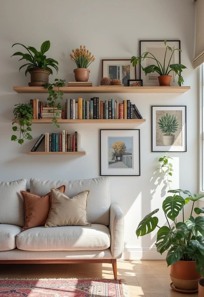 أرفف مقتوحة تزين جدران غرفة المعيشة