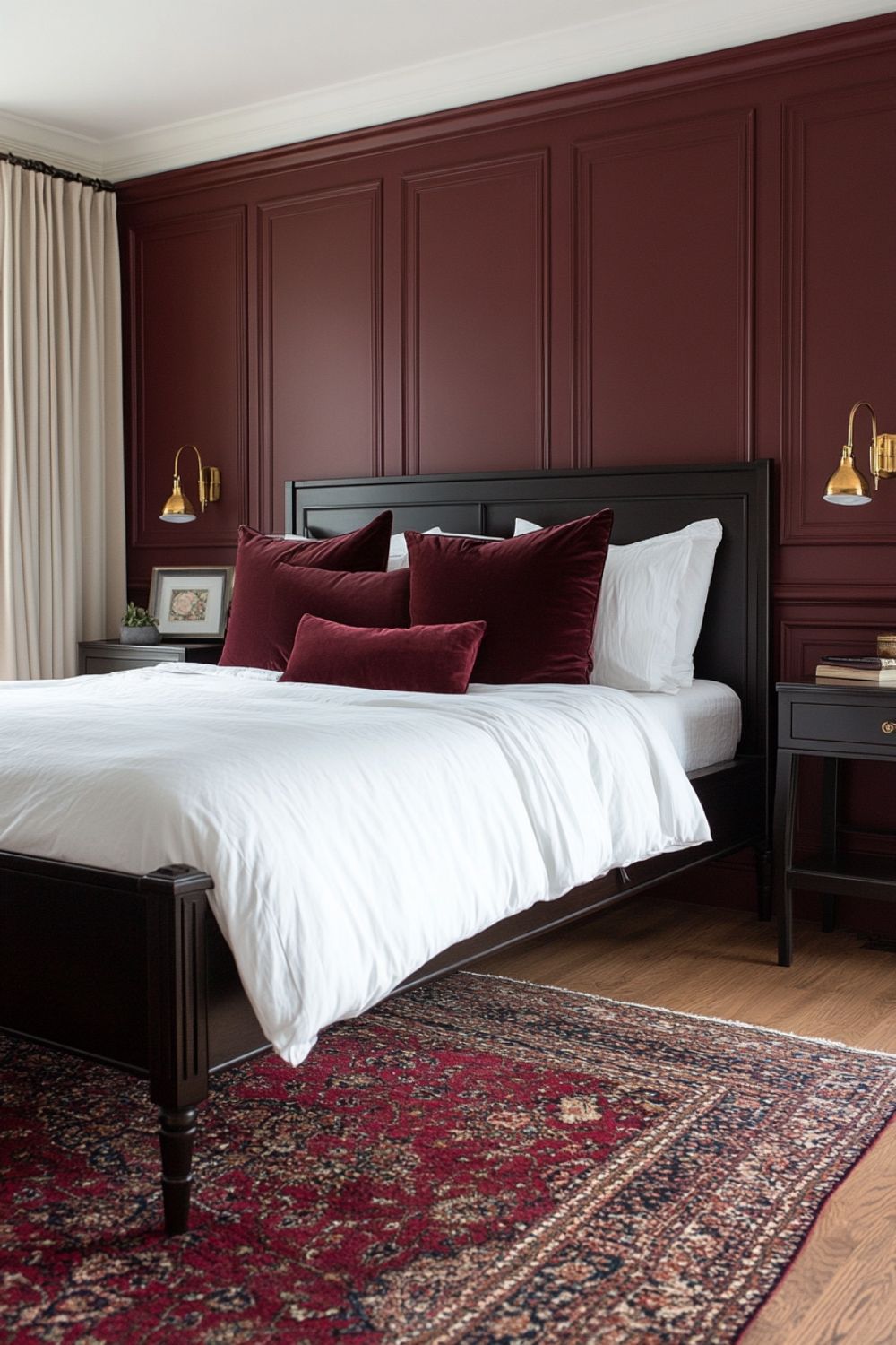 ألواح جدران بلون البرغندي في غرفة النوم