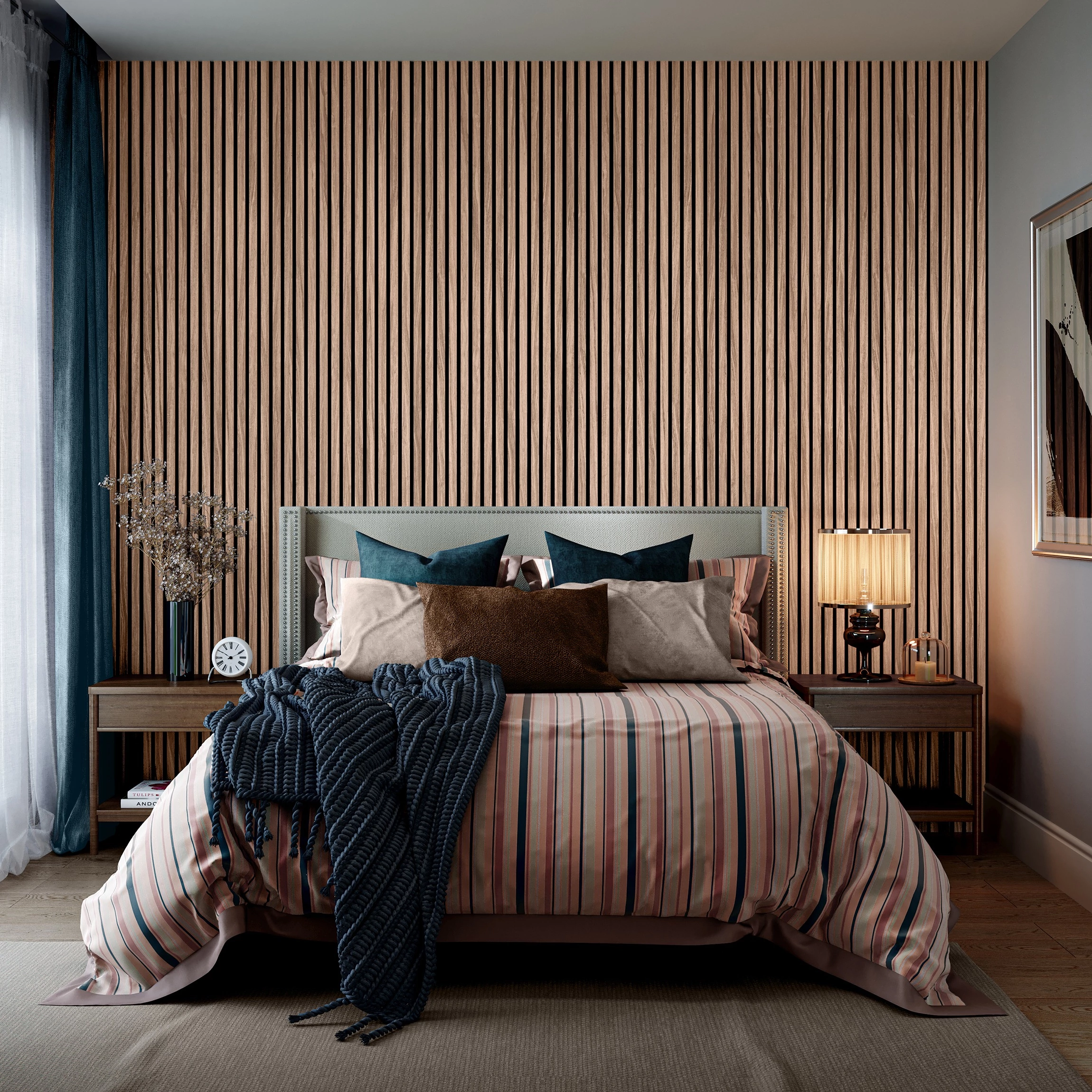 ألواح جدران خشبية في غرفة النوم