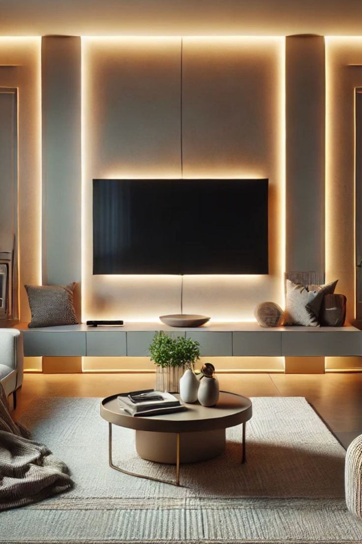 إضاءات الـled حول التلفزيون في غرفة المعيشة