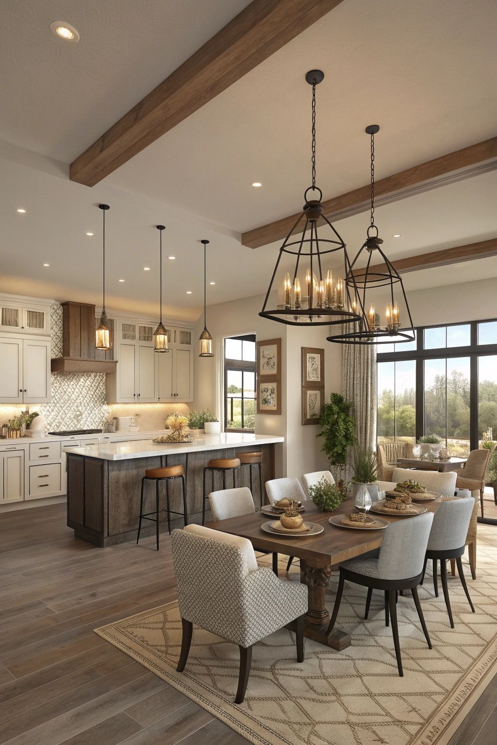 اختيار لون أو خامة متطابقة لمنطقة الطعام والمطبخ، يجعل المساحة المفتوحة مترابطة ومتناغمة