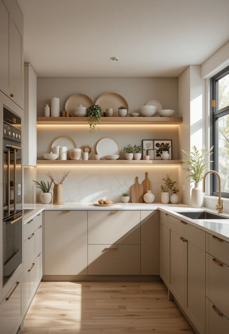 الأبيض الدافئ مع لمسة خفيفة من الكريمي خيارًا مثاليًا لجدران وأسقف المطابخ الصغيرة