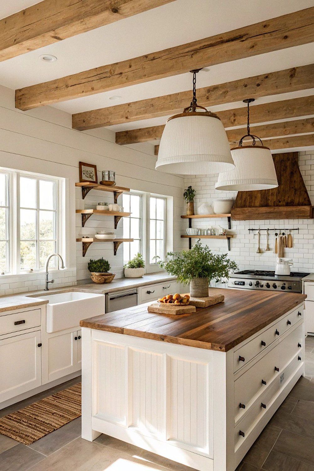 الأبيض مع الأسطح الخشبية لمطبخ ريفي المظهر