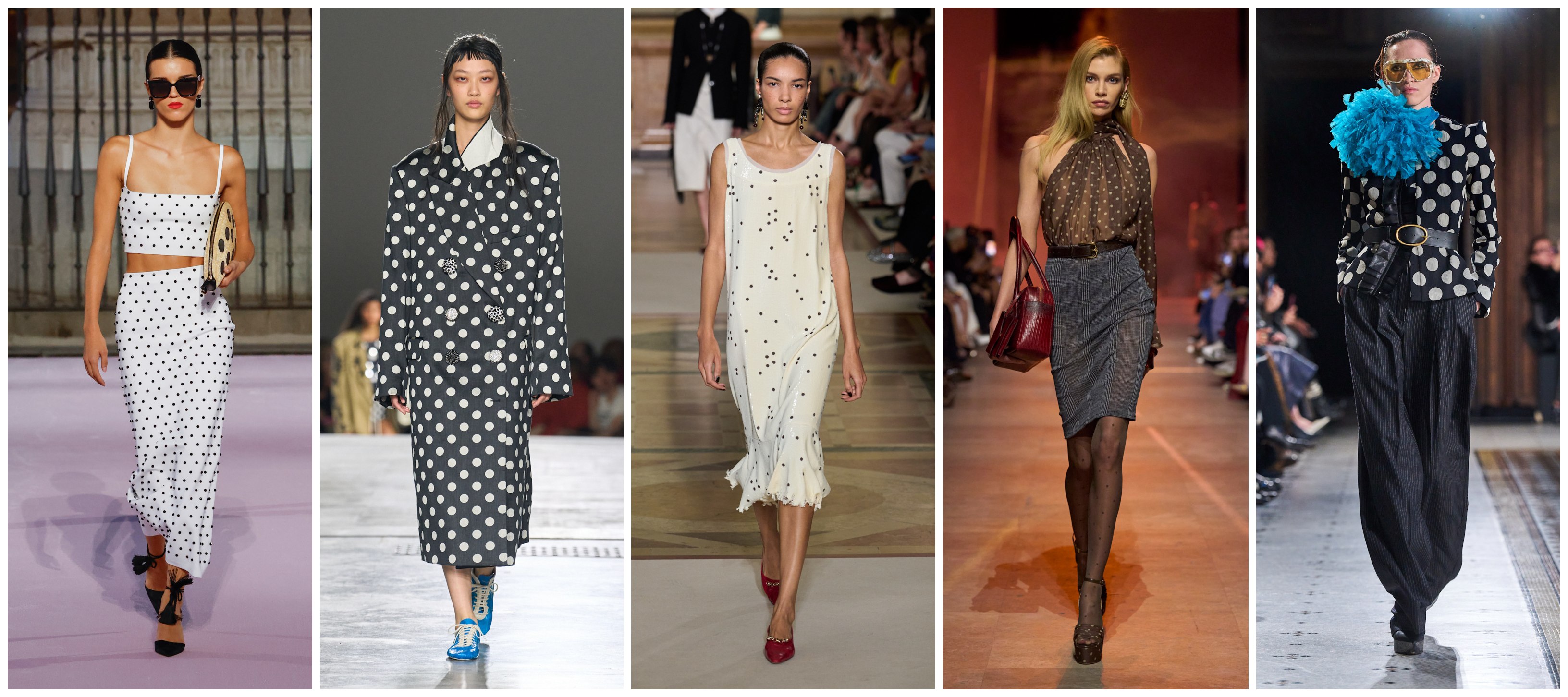 الأقمشة المنقطة كما شاهدناها لدى كل من نينا ريتشي، ايلي صعب، توري بورتش، دريز فان نوتن، وكارولينا هيريرا