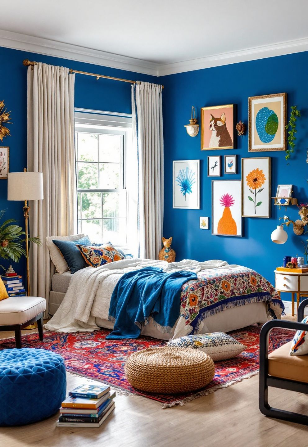 الألوان الصارخة مثل الأزرق الزاهي تخلق جوًا محفزًا غير مريح في غرفة النوم