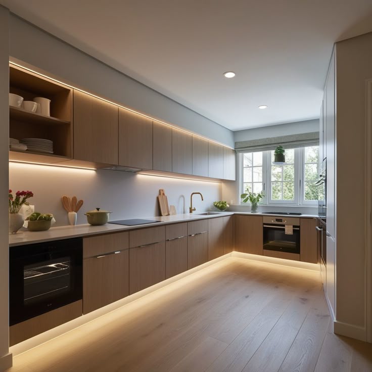 الإضاءة الناعمة فوق الخزائن هي سر الأجواء الدافئة في المطبخ