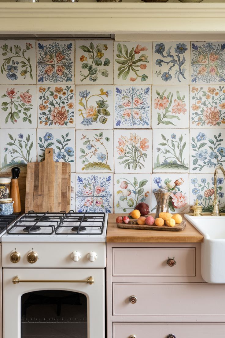 البلاط المزخرف يدويا بالورود يجعل المطبخ نقطة محورية تنبض بالحياة والجمال