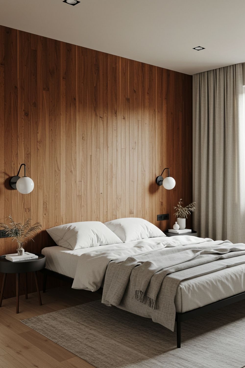 التكسية العمودية التي تخلق إحساسًا بالارتفاع والاتساع في غرفة النوم