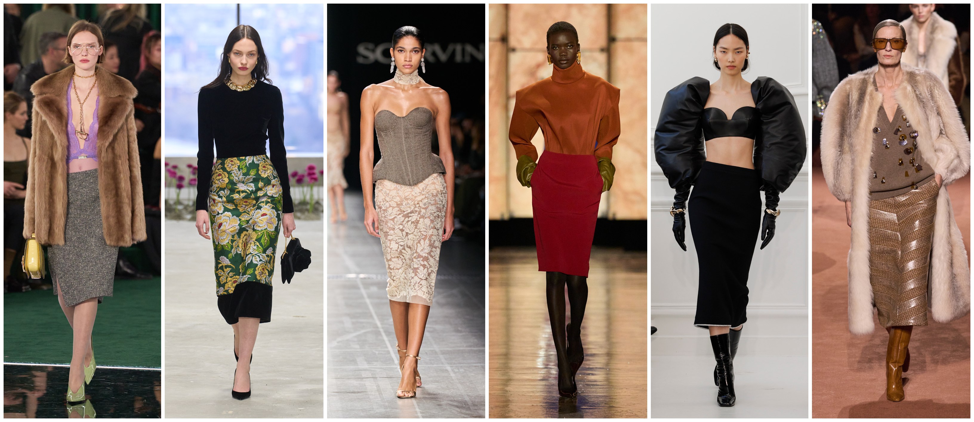 التنورة البنسل لدى فندي، جيفنشي، سان لوران، ارمانو شيرفينو، كارولينا هيريرا، وغوتشي