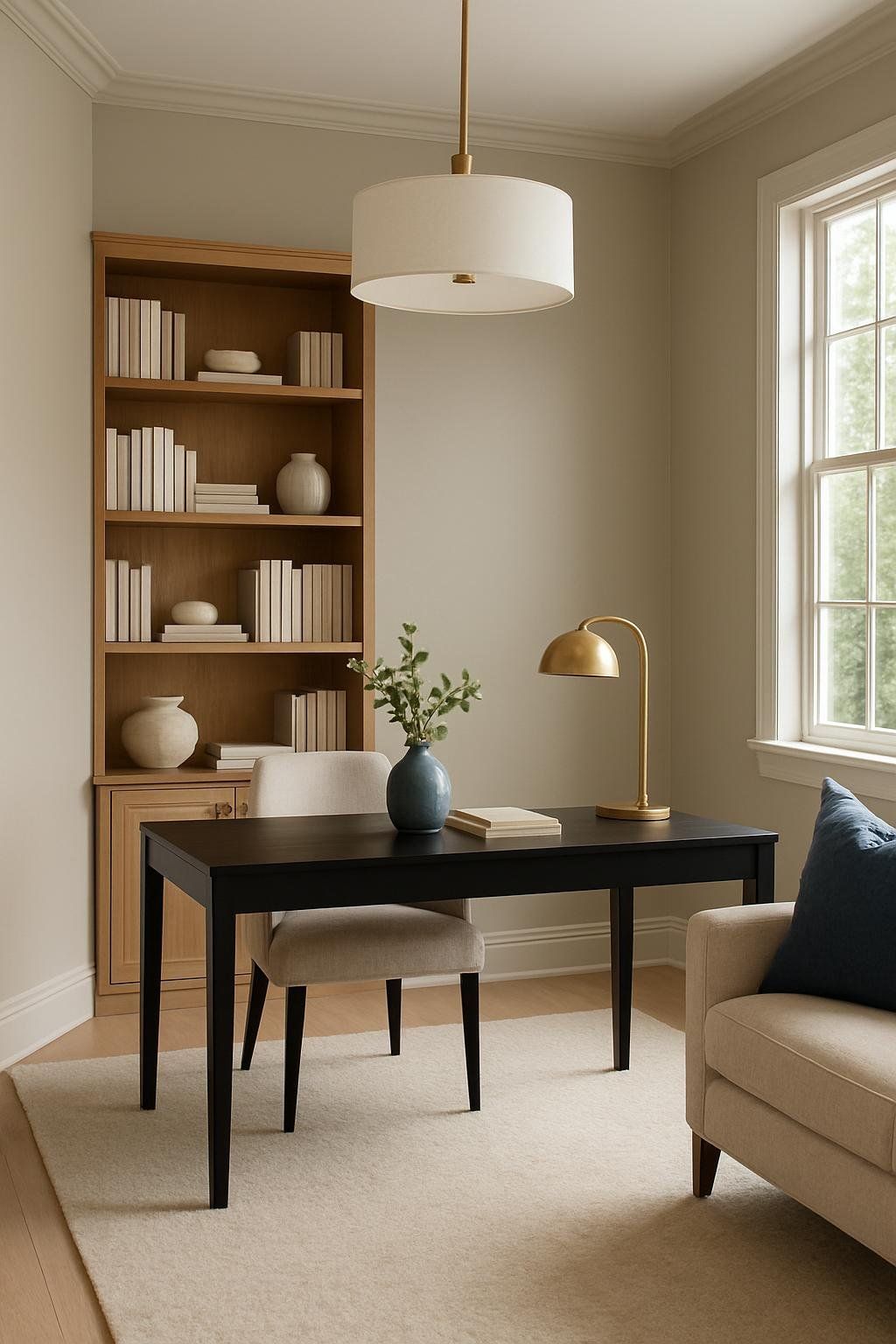 الدرجات المحايدة للون الفطر هي نغمات مثالية لتصميم غرفة مكتب عصرية، أنيقة، ومريحة