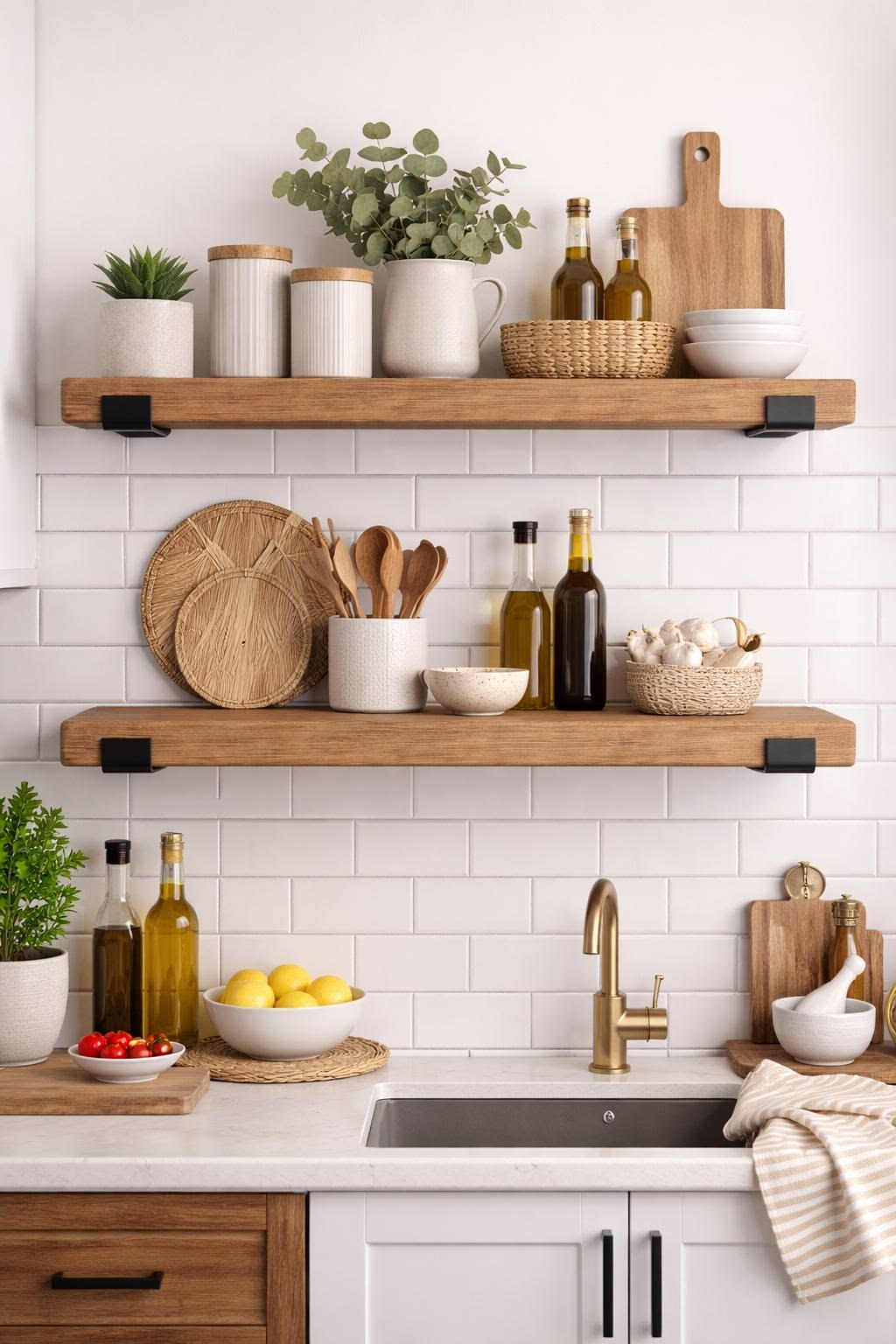 السر في استخدام الأرفف المفتوحة في المطبخ هو الاعتماد عليها لتخزين الأشياء التي تستخدم في الروتين اليومي