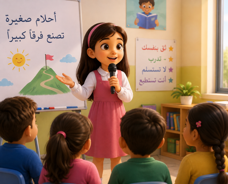 القصة الثالثة أمل تتحدث أمام الجميع صورة بالذكاء الاصطناعي