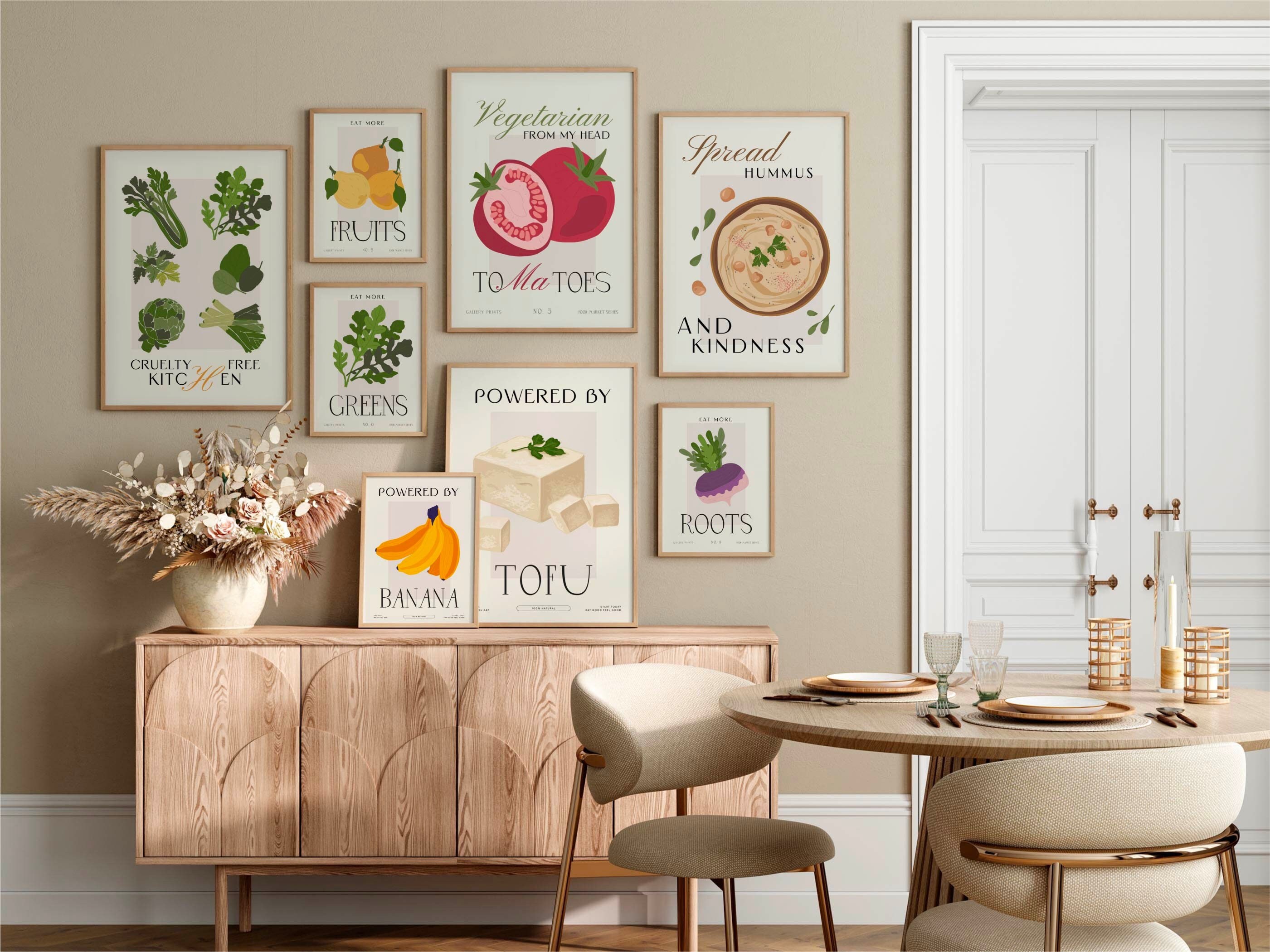 الكونسول الخشبي مع اللوحات الفنية تدعم ديكور غرفة الطعام