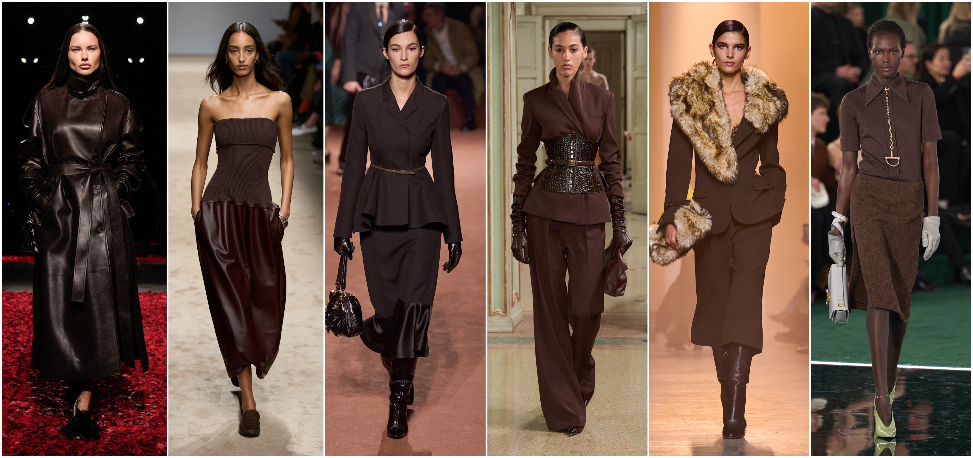 اللون البني كما شاهدناه لدى كل من غوتشي، ايلي صعب، اليزابيتا فرانكي، فندي، تودز، وفيراغامو_