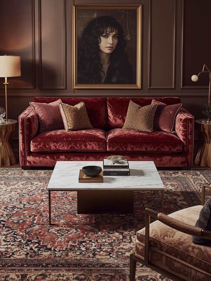 المخمل اللامع من الخامات التي توحي بقدم غرفة المعيشة