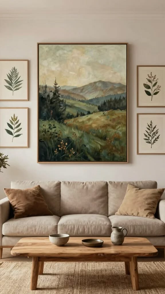 المسافة المدروسة بين الأعمال الفنية وقطعة الأثاث تُبرِز اللوحات بشكل أنيق