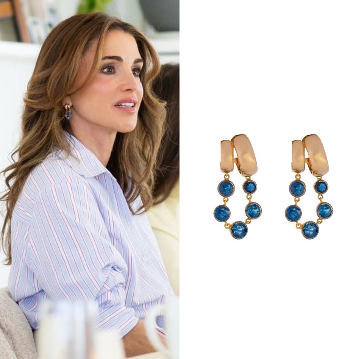 الملكة رانيا بأقراط من الذهب مرصّعة بأحجار خاطفة للأنظار باللون الأزرق من STONE FINE JEWELRY