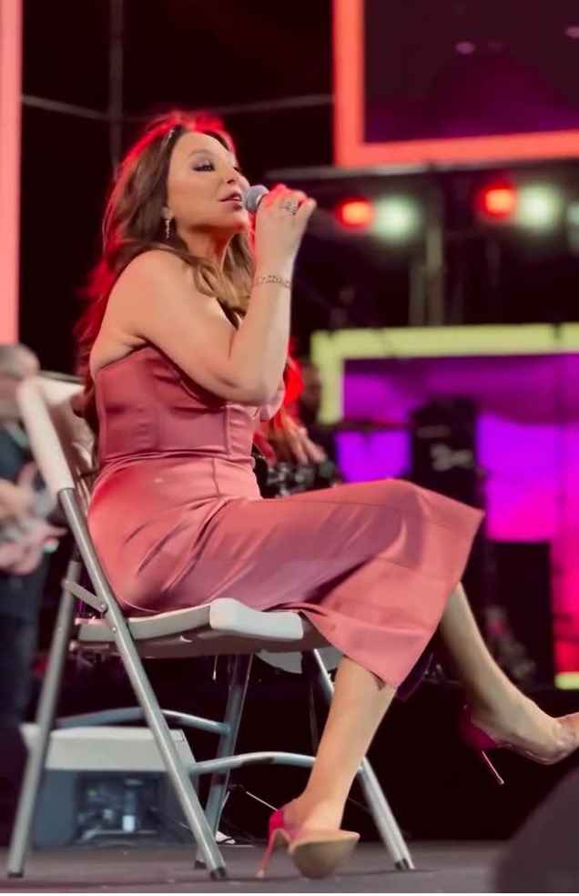 إليسا بفستان سهرة سترابلس مصمم من الحرير بلون نيود دافئ