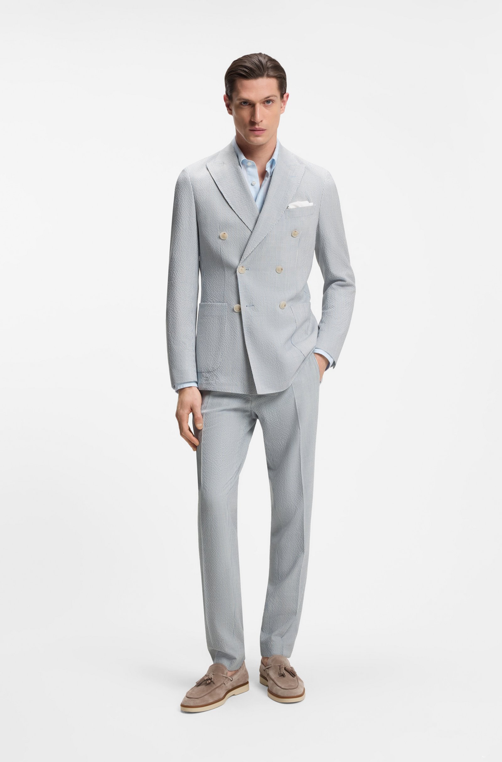 بدلة مؤلفة من قطعتين بقصّة Slim Fit من قماش السيرساكر المطاطي من Hugo Boss