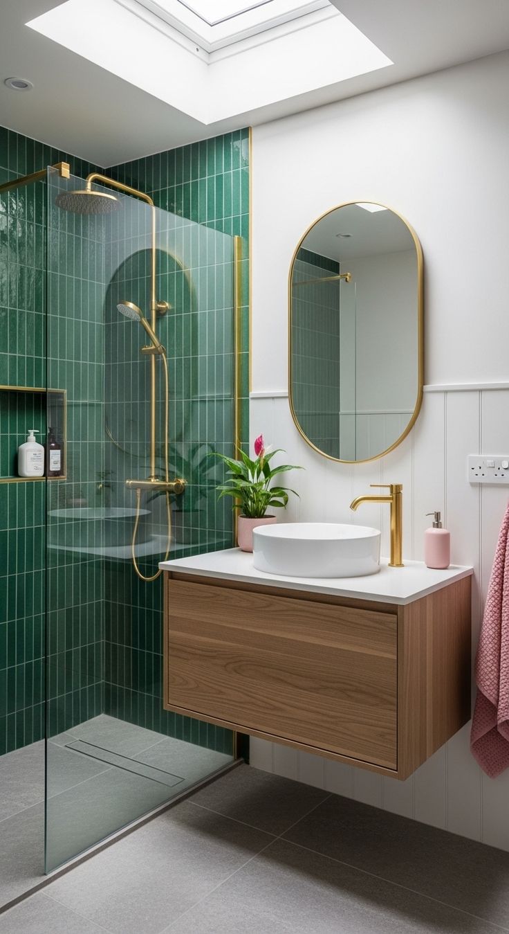 بلاط باللون الأخضر داخل منطقة الدش لإضفاء عمق وحيوية