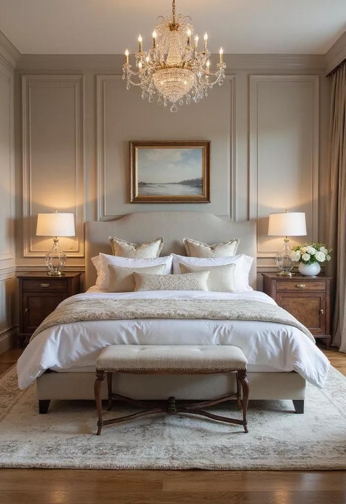 بنش مبطن يمنح غرفة النوم الكلاسيكية لمسة أناقة منسقة