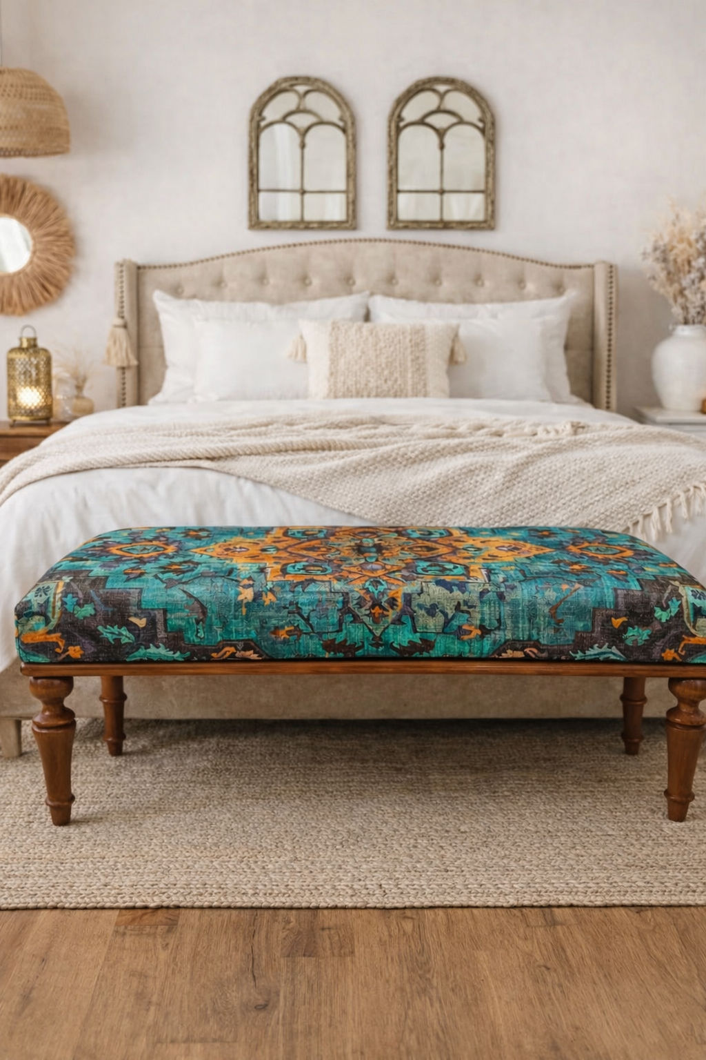 بنش منقوش للمسة تميز في غرفة النوم