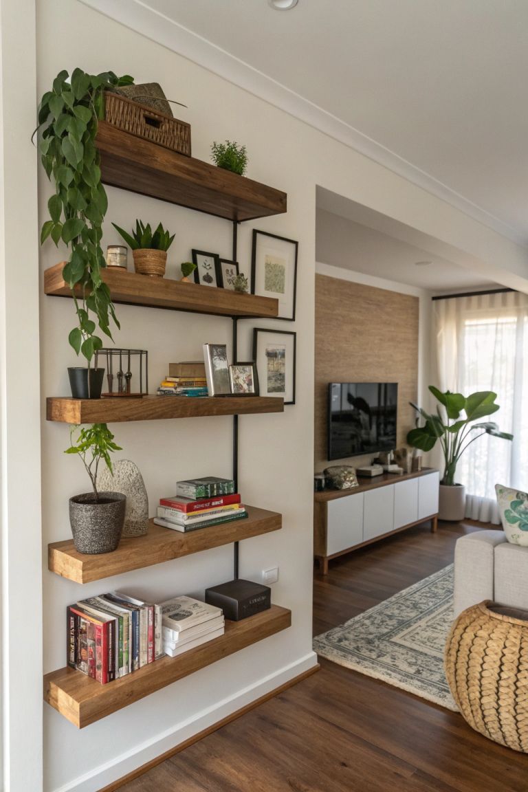 تخلق الأرفف المفتوحة كجدار كامل إحساسًا بالمساحة والانفتاح