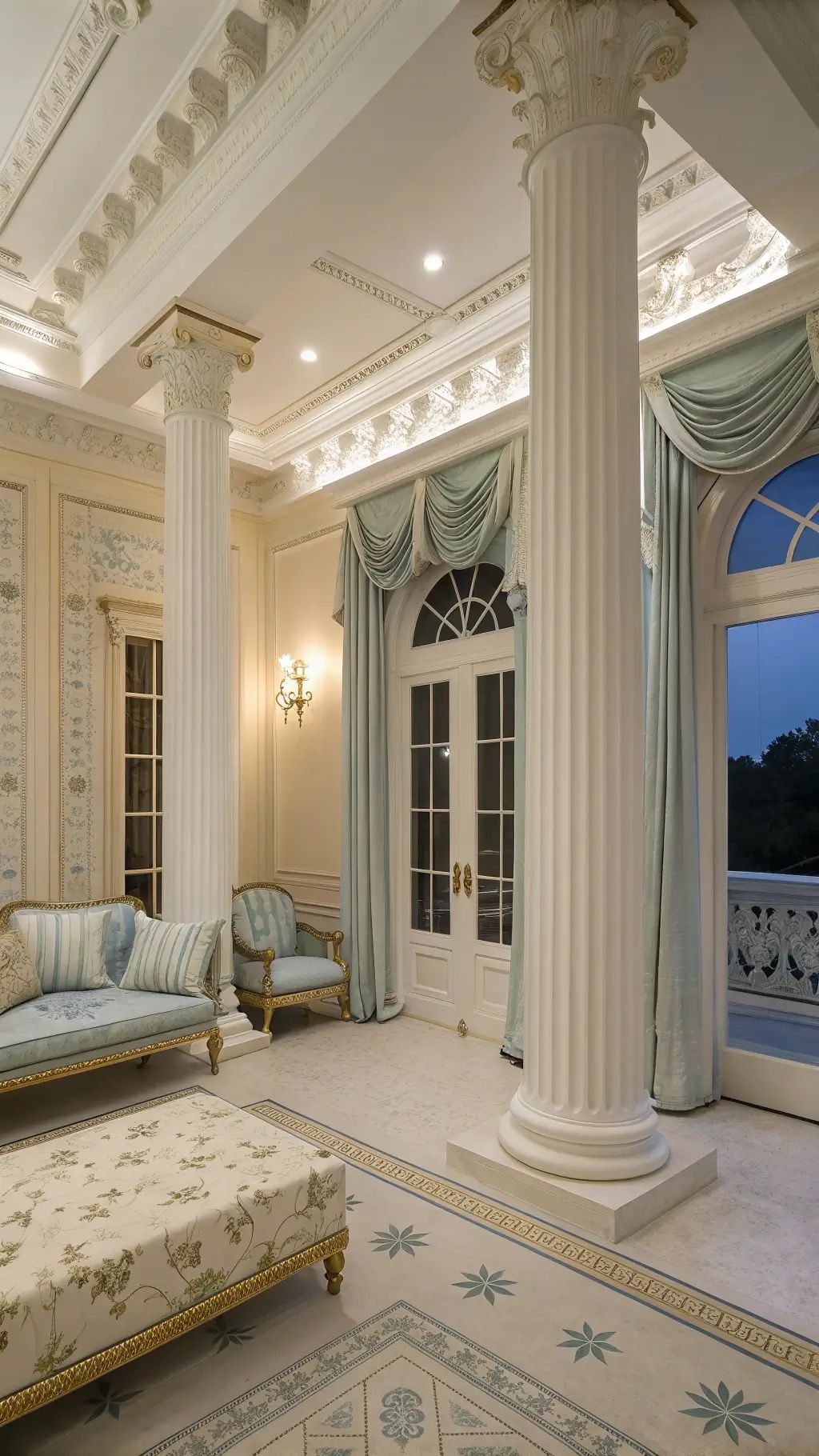تشكل الجدران العالية، النوافذ الكبيرة، والأعمدة خلفية مثالية للديكور النيوكلاسيكي