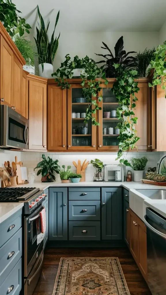 تضيف النباتات أعلى خزائن المطبخ لمسة من اللون والجاذبية