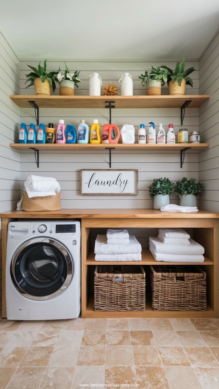 تعد الأرفف المفتوحة في غرف الغسيل حلا عمليا يسهل ويقلل المجهود