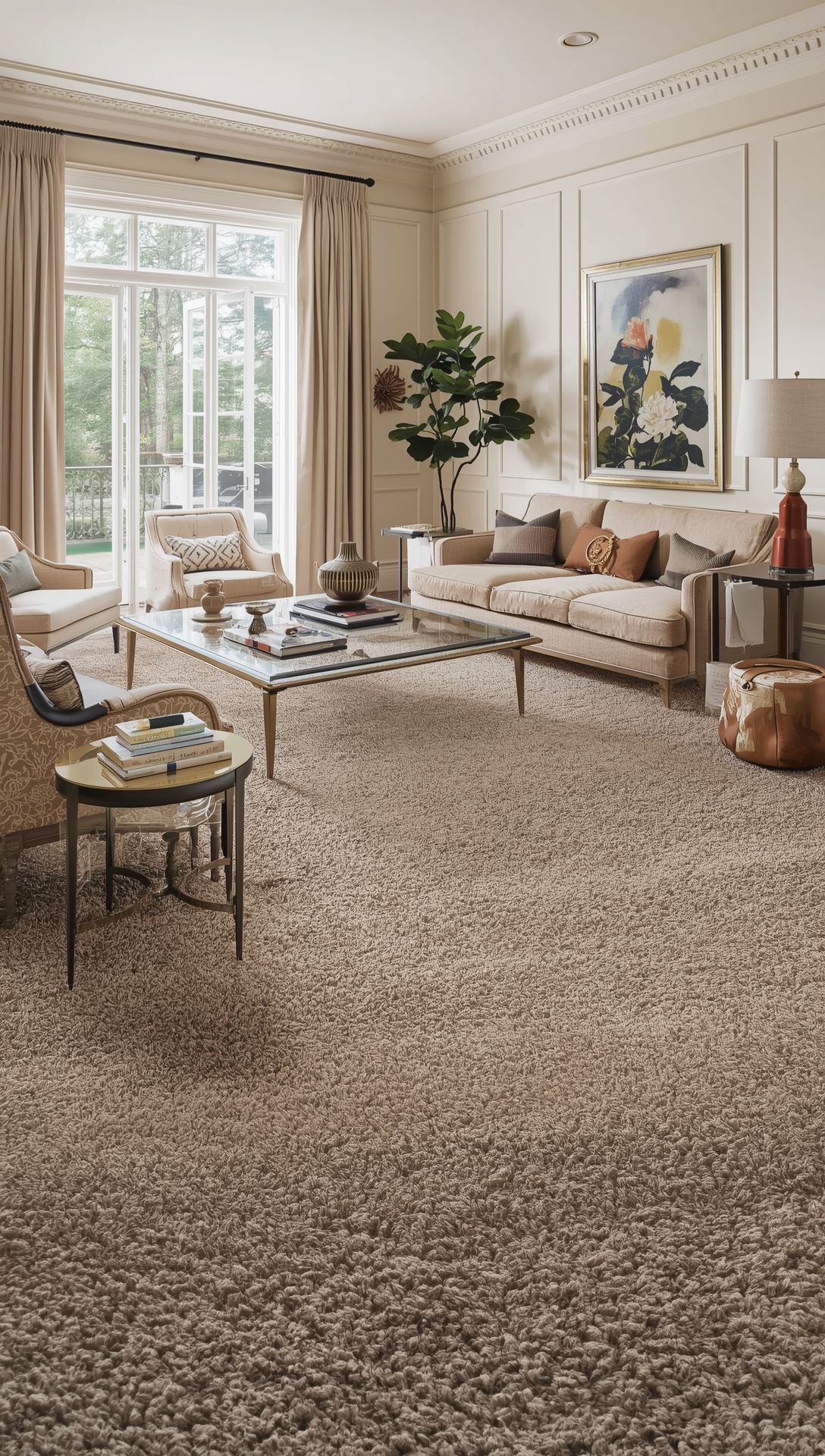 تغطية الأرضيات بالسجاد بالكامل يجعل غرفة المعيشة تبدو أكثر ثقلاً وأقل تهوية