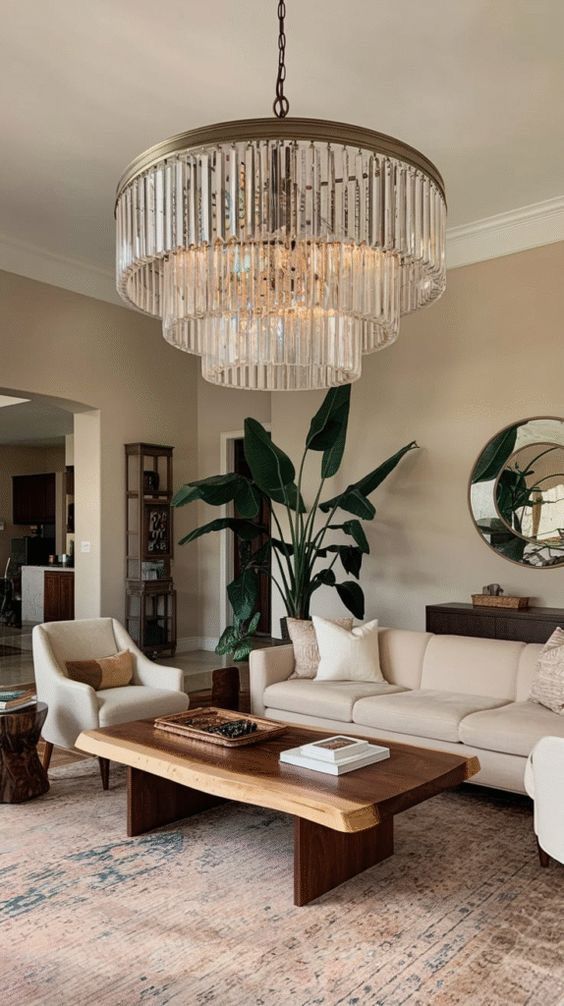 ثريا كبيرة الحجم تزين غرفة المعيشة