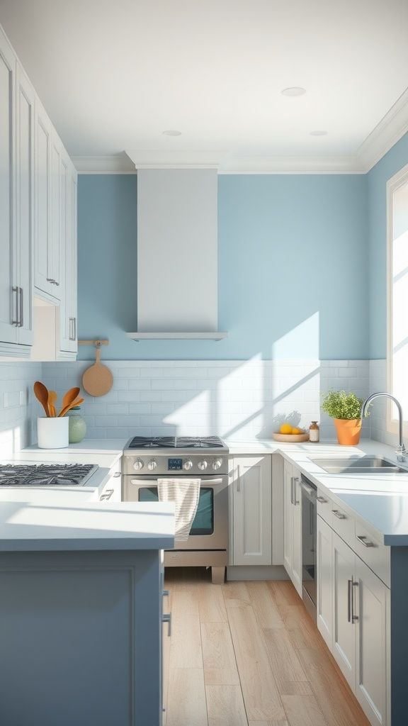 جدران مطبخ مطلية باللون الأزرق الفاتح