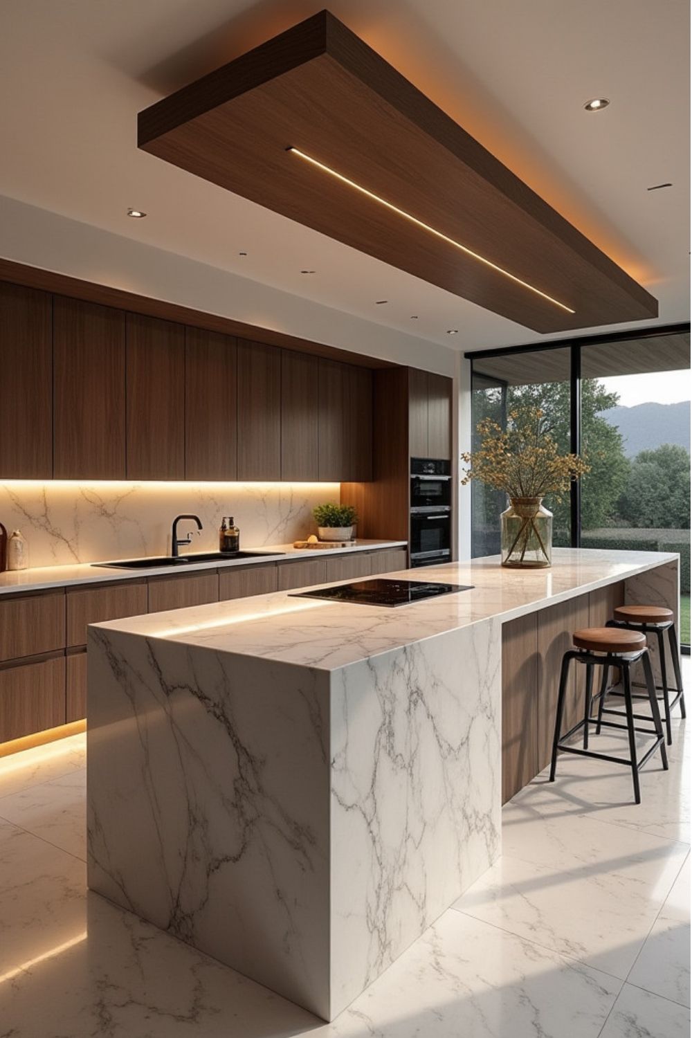 جزيرة الشلال في المطبخ تجعل المساحة تبدو ثقيلة بصريًا