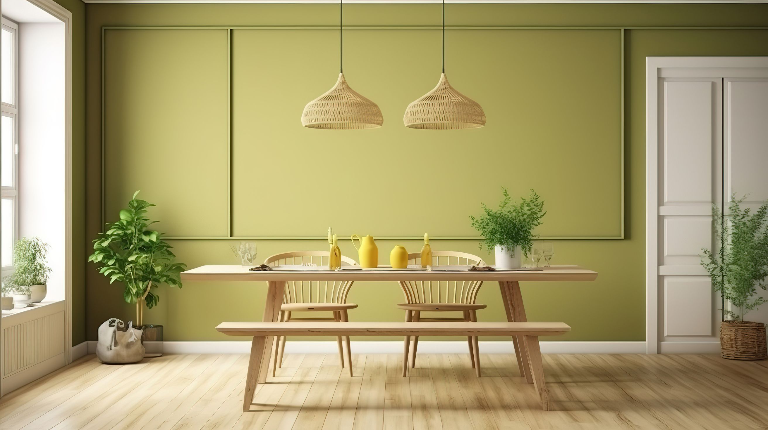 جمال اللون على الجدار يضفي لمسة ساحدة علة غرفة الطعام ويبرز جمال الخشب