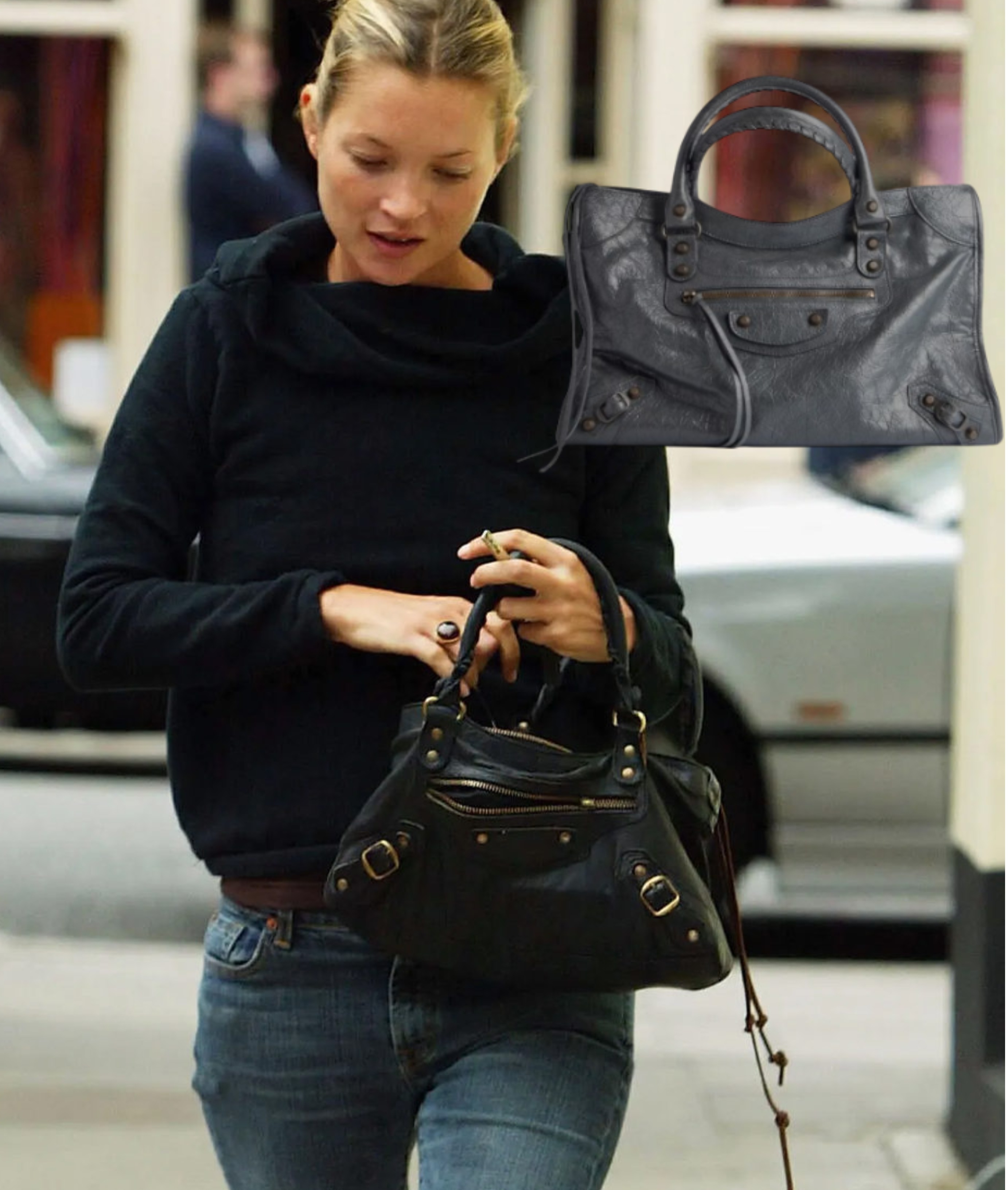 حقيبة City الشهيرة من Balenciaga تحملها كيت موس