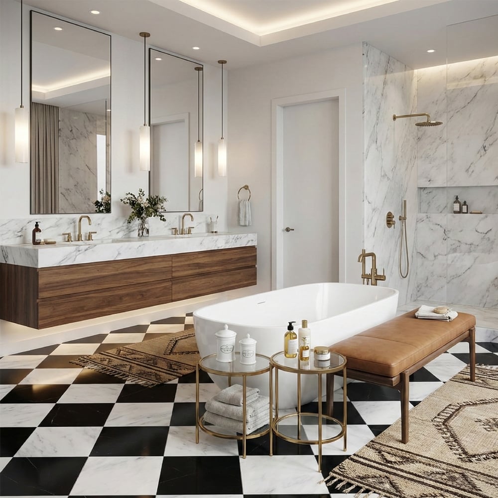 حمام فاخر بأرضيات رخامية بنمط الشطرنج