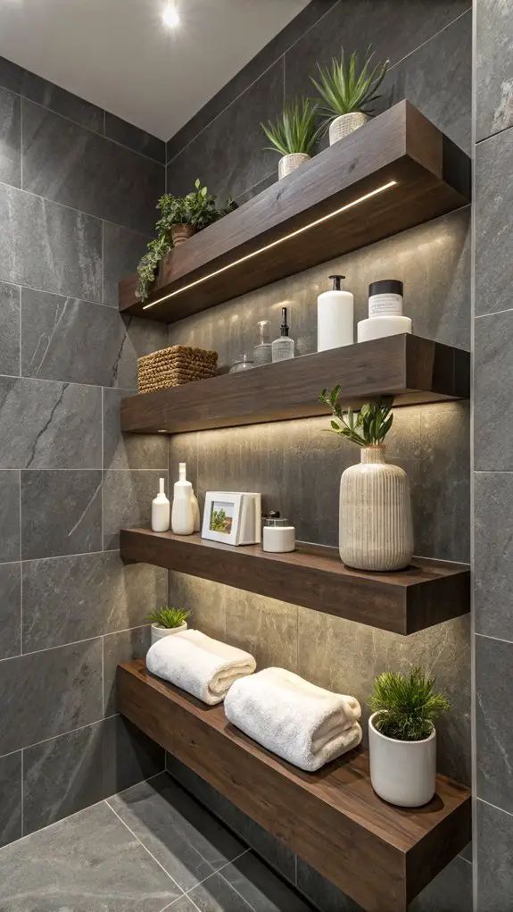 حمام مزين بأرفف مفتوحة خشبية أنيقة