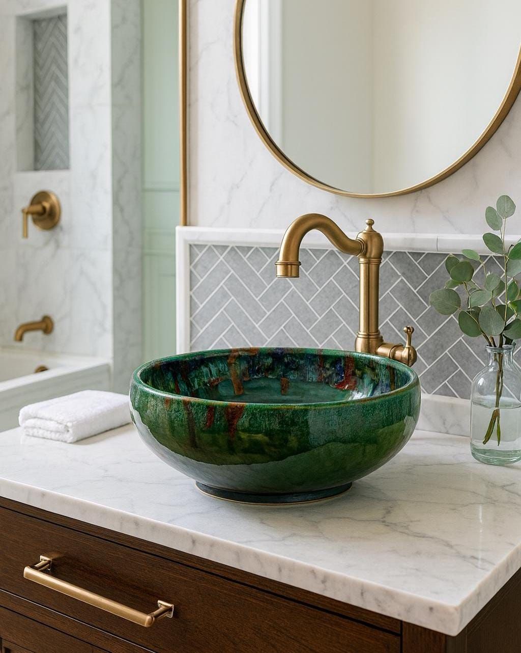 حوض رخامي مصنوع يدويا باللون الأخضر الداكن