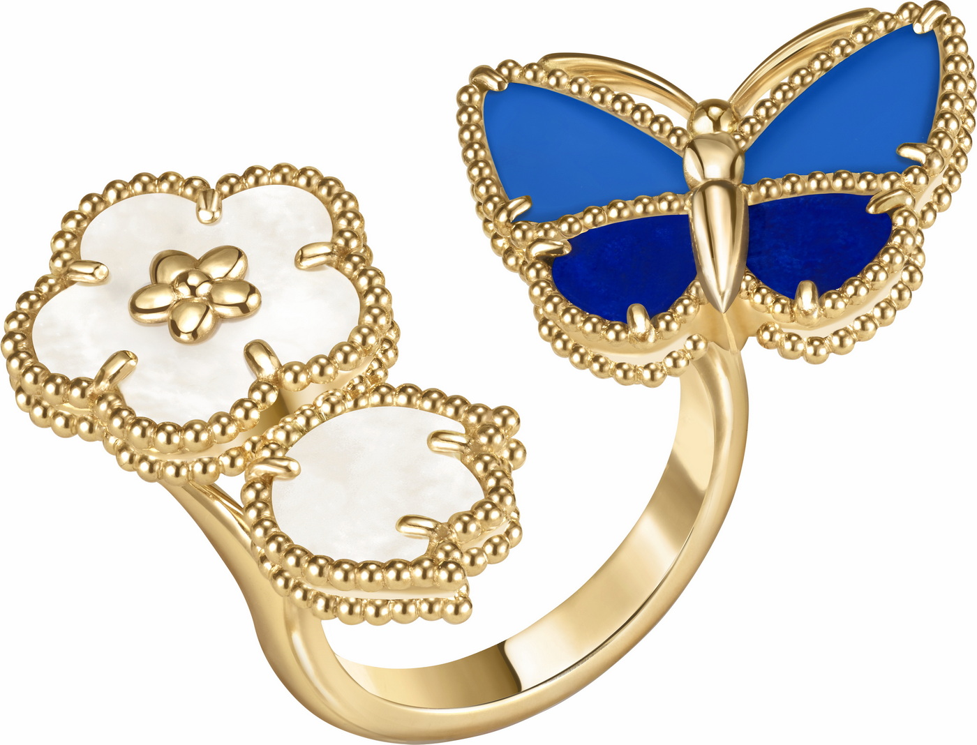 خاتم بتوين ذو فينغرز لاكي سبرينغ باترفالي ذهب أصفر، الزورد، عقيق أزرق، عرق اللؤلؤ األبيض.