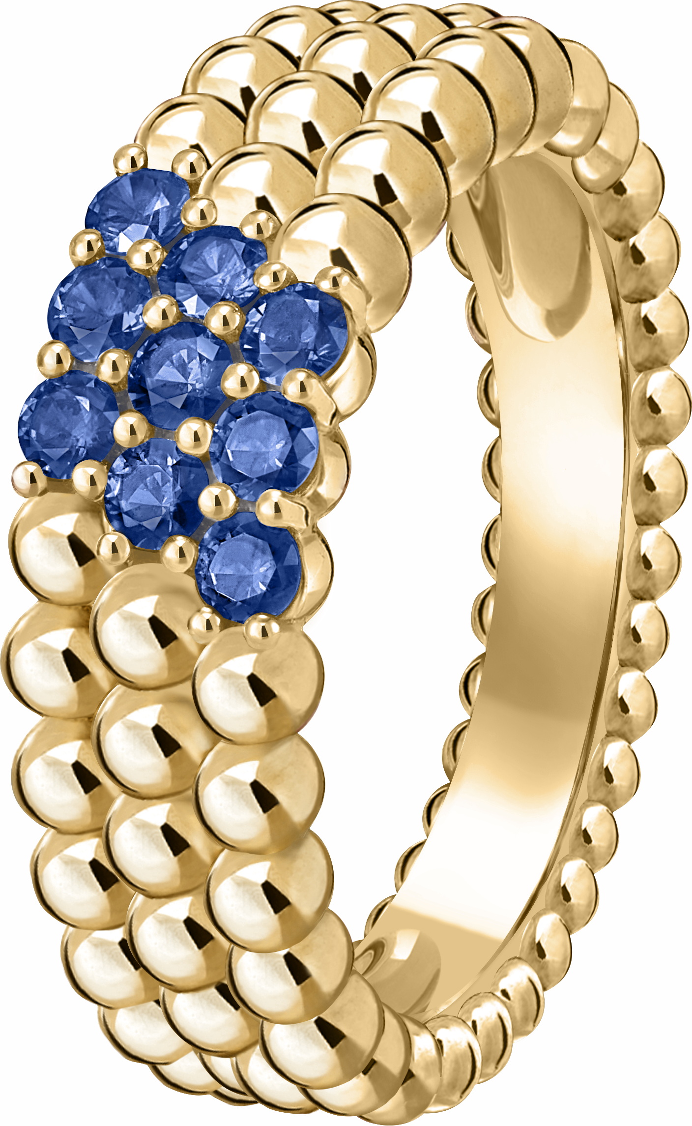 خاتم بيرليه كولور 3 صفوف من الذهب الأصفر، والسافير