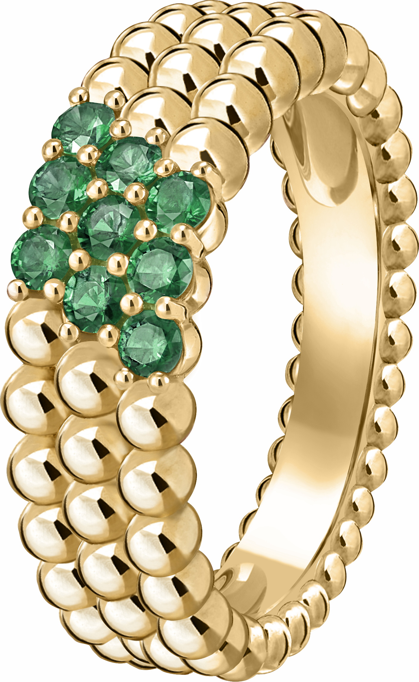 خاتم بيرليه كولور 3 صفوف من الذهب الأصفر، وحجر الزمرد