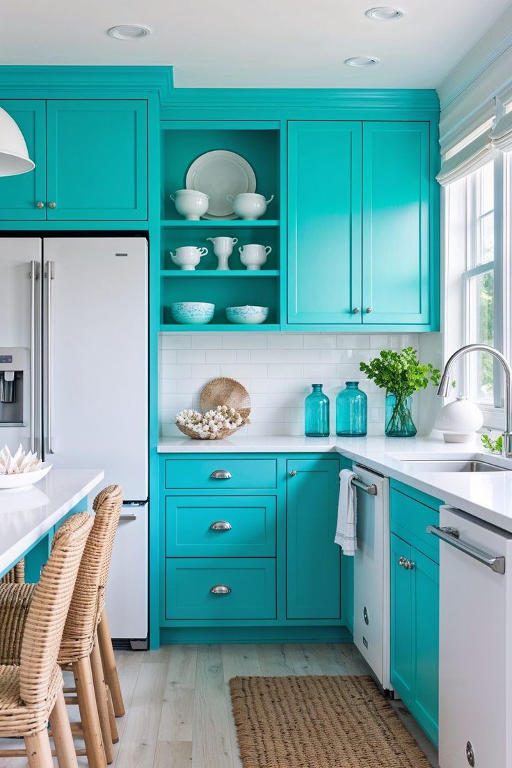 خزائن مطبخ بدرجة ناعمة من نغمات حجر الفيروز