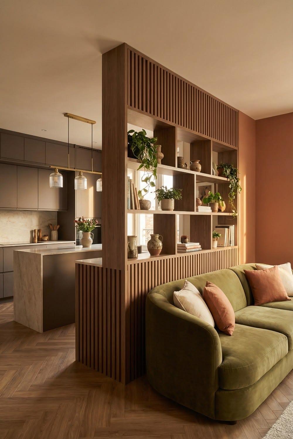 خزانة كتب مفتوحة تعمل كفاصل بين منطقة المعيشة والمطبخ