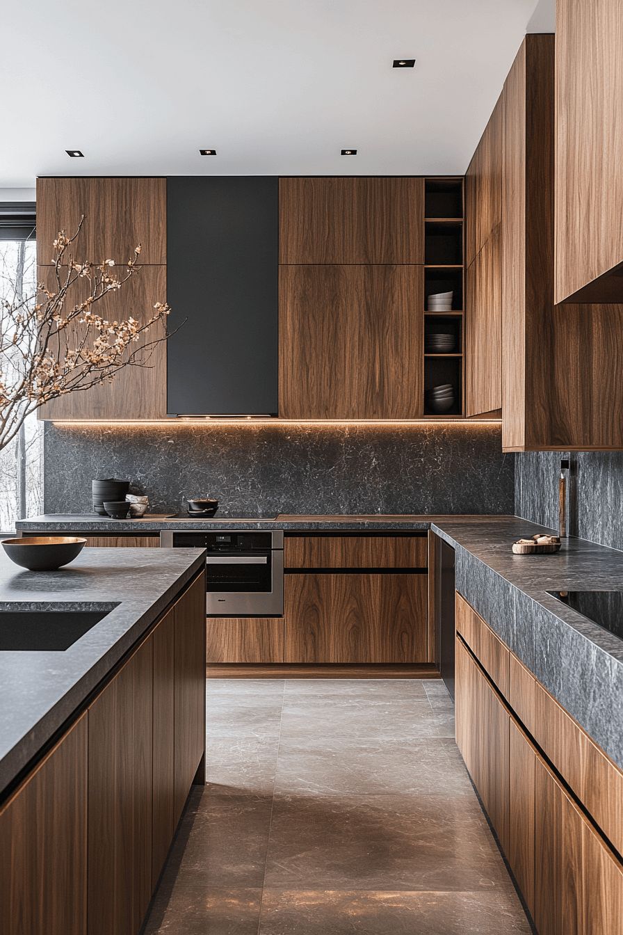 خشب الجوز مع الأسود في المطبخ لحداثة عصرية