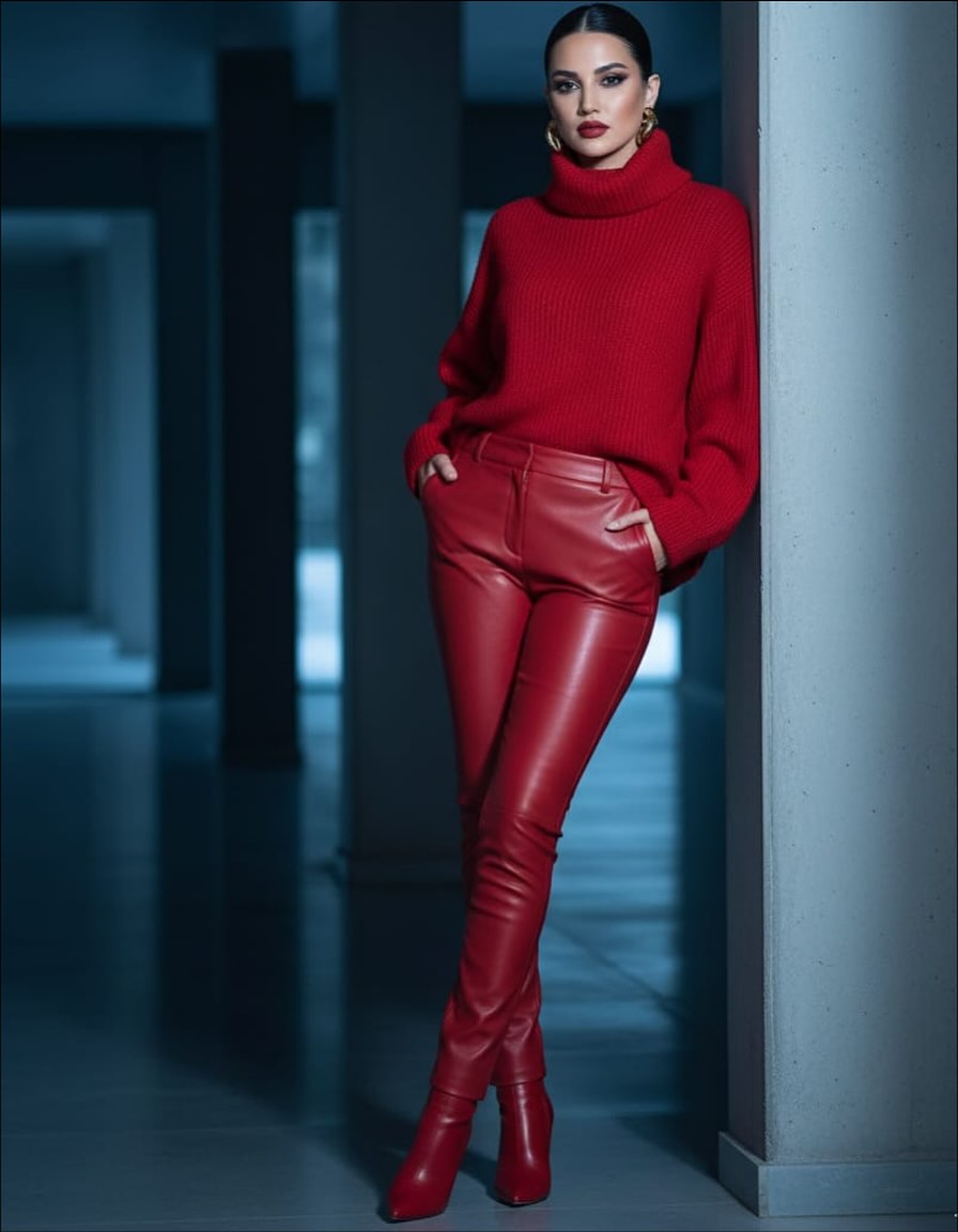 درة بستايل البنطال الضيق من الجلد المصمم بخصر عالي مع بلوفر صوفي