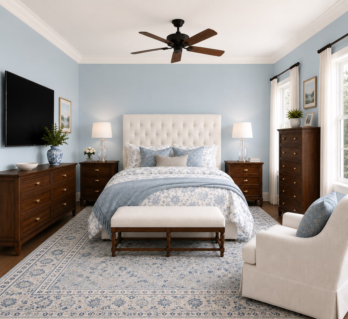 درجات الأزرق الباهت Pale Blue تتباين مع الأخشاب الداكنة