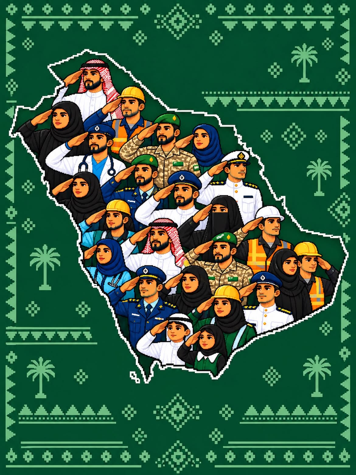 رسم رقمي من Pass the Kabsa يحتفي بأبناء وبنات المملكة من مختلف المهن، في مشهد يجسّد الوحدة والانتماء.